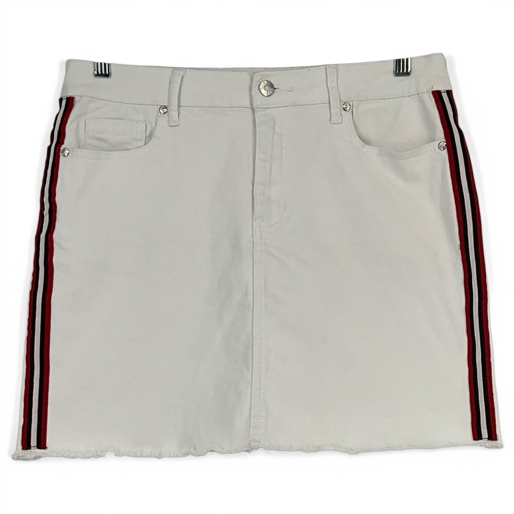 Retro GUESS White Denim‎ Mini Skirt Side Red Black Stripe Frayed Hem Women's L